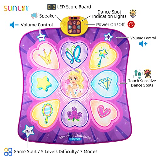 SUNLIN Dance Mat Toys for Girls Ages 3-10 | Dance Pad with LED Lights, Adjustable Volume, 9 Built-in Music, 7 Game Modes, 5 Challenge Levels | Christmas Birthday Gifts for 3 4 5 6 7 8+ Years Old Girl